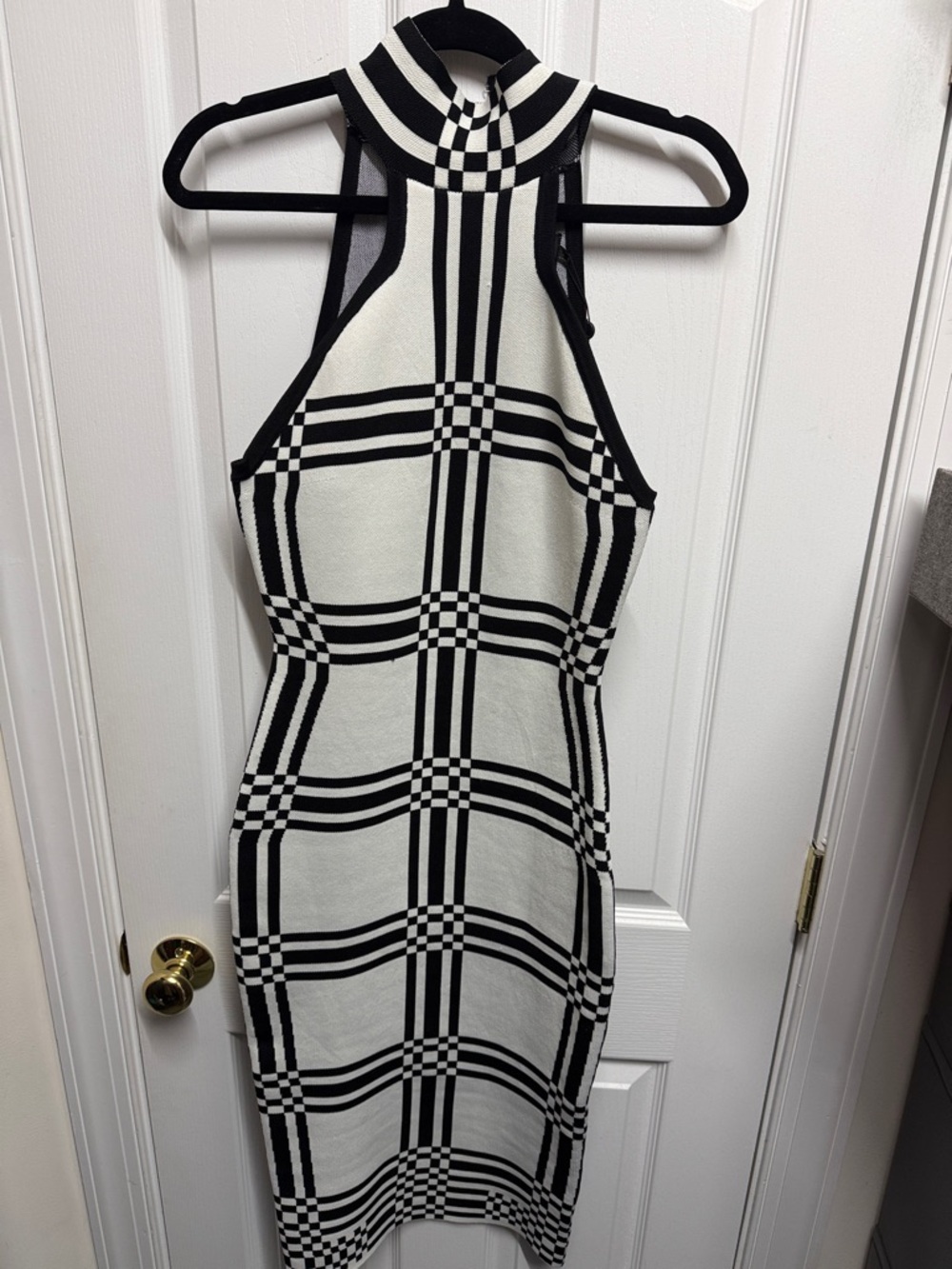 Fashion Nova Black & White Plaid High-Neck Midi Dress